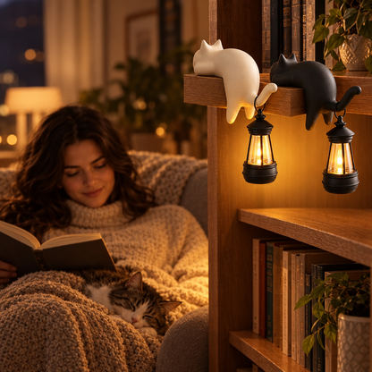 Cat LED lantern night light hanging from a bookshelf in a reading nook