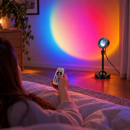 RGB ambient projection light coloring a bedroom wall