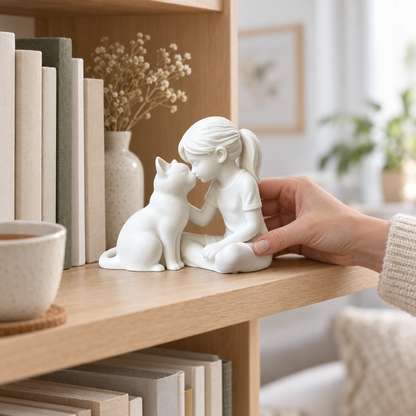 Girl and cat sculpture on a bookshelf ledge