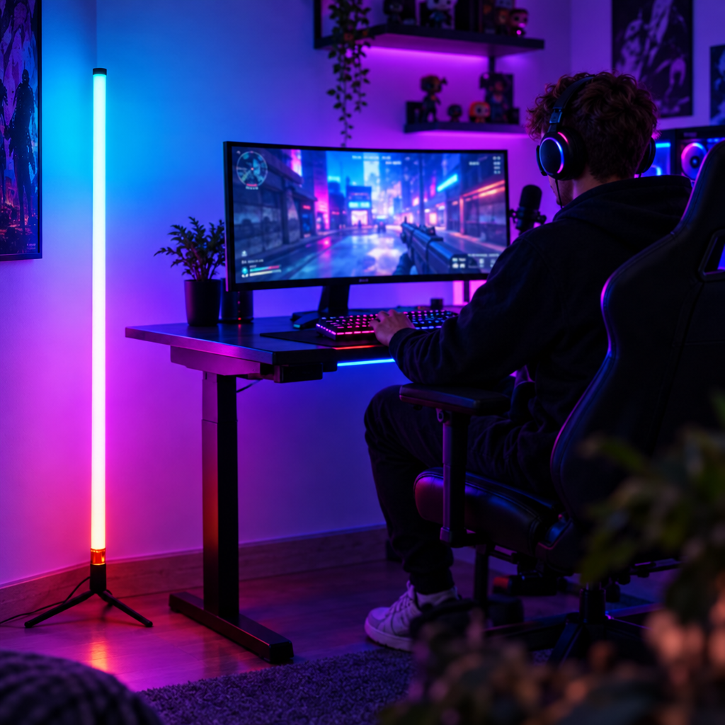 RGB floor lamp bar lighting the corner of a gaming room