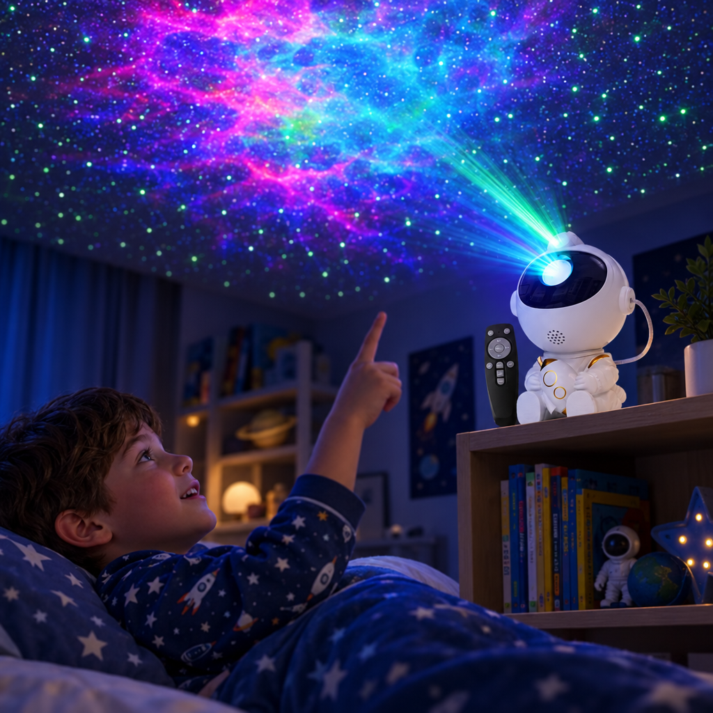 Astronaut galaxy projector lighting a kid's bedroom ceiling