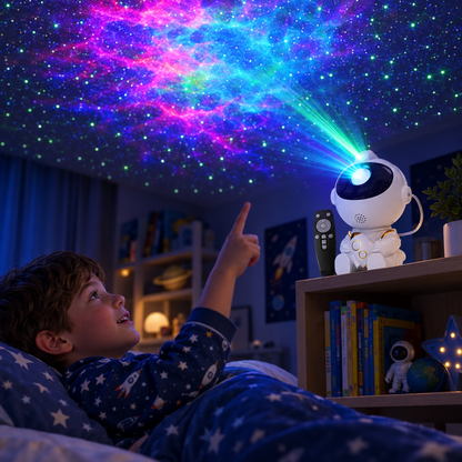 Astronaut galaxy projector lighting a kid's bedroom ceiling