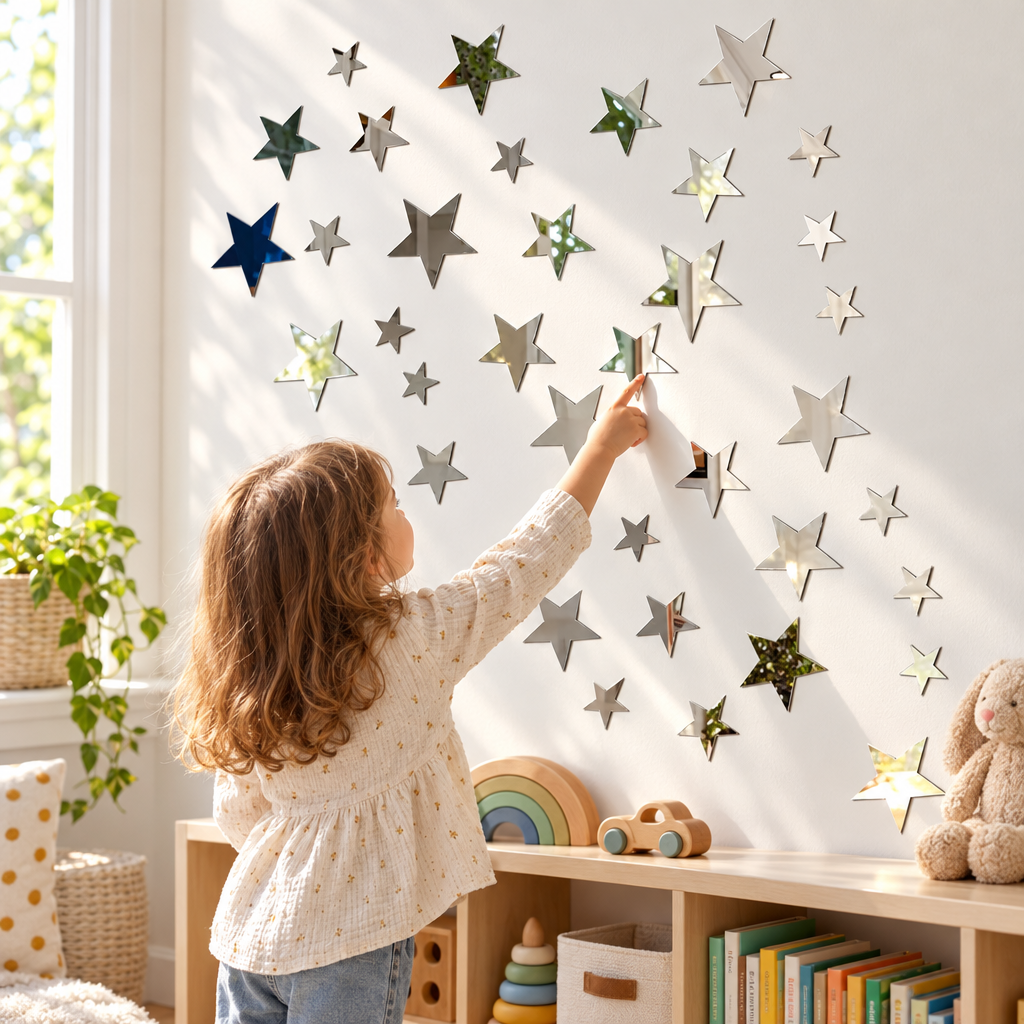 Star mirror wall stickers on a kids' playroom wall