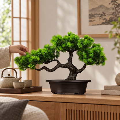 Artificial pine bonsai on a console table in a Japandi living room