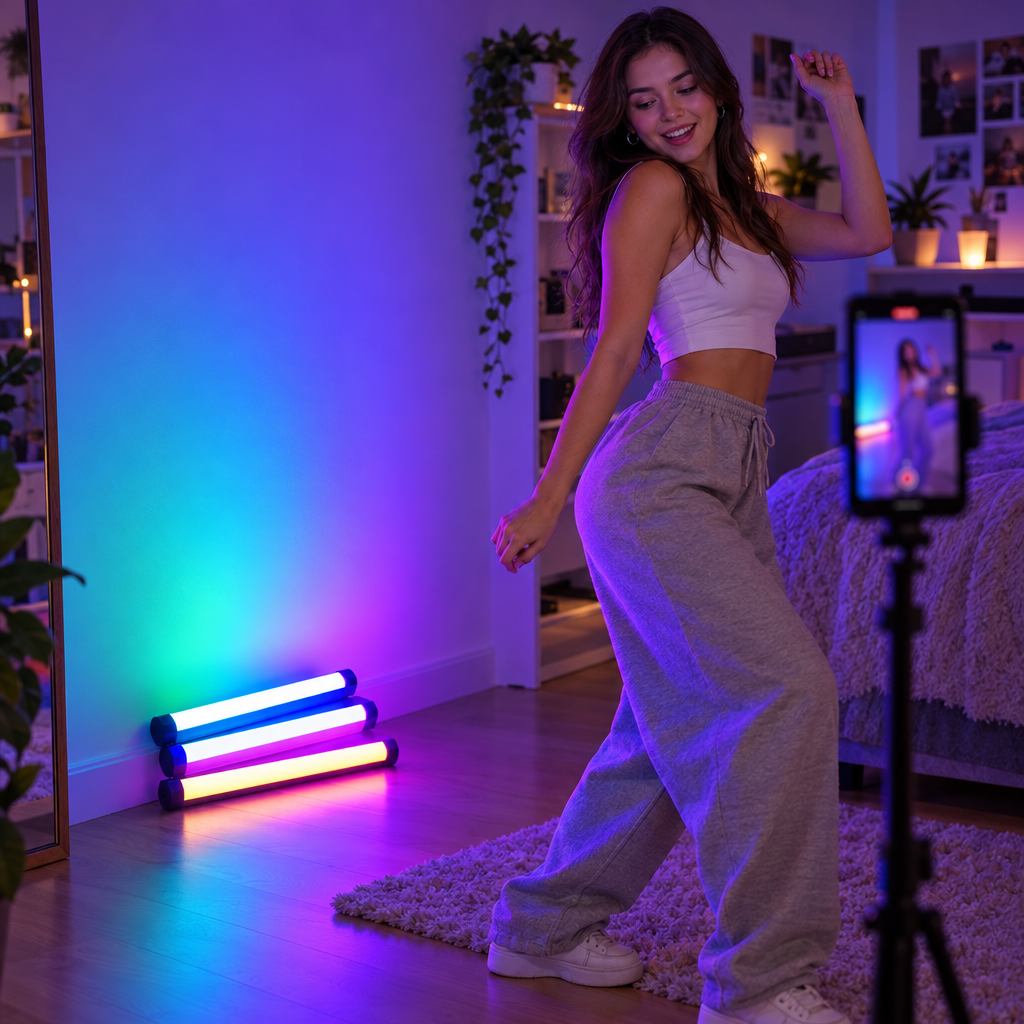 RGB atmosphere light tube used as fill light for a phone video