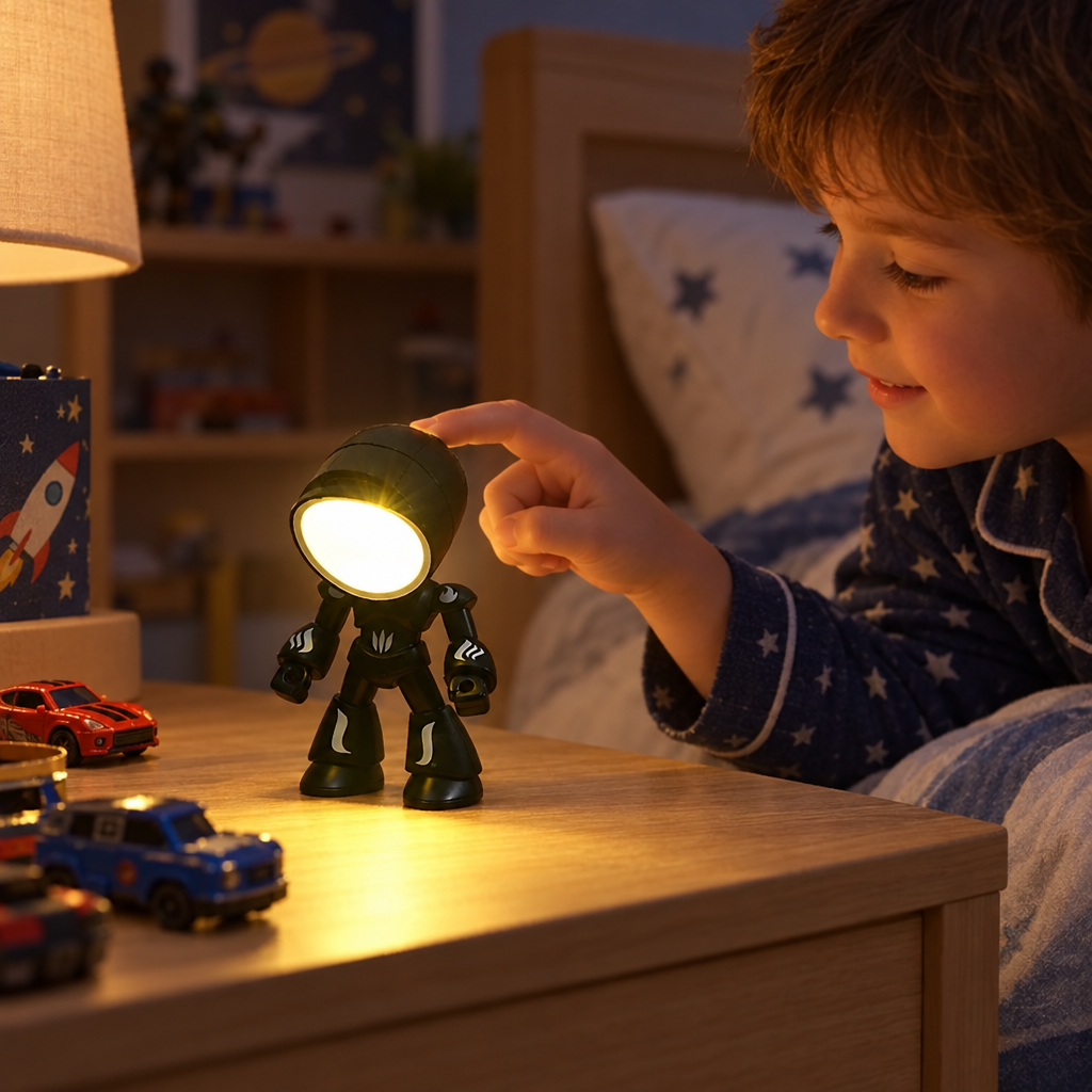 Mini cartoon night light glowing on a boy's bedside table
