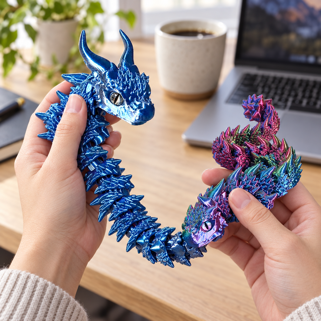 Articulated magic dragon fidget toy flexed at a desk