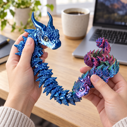 Articulated magic dragon fidget toy flexed at a desk