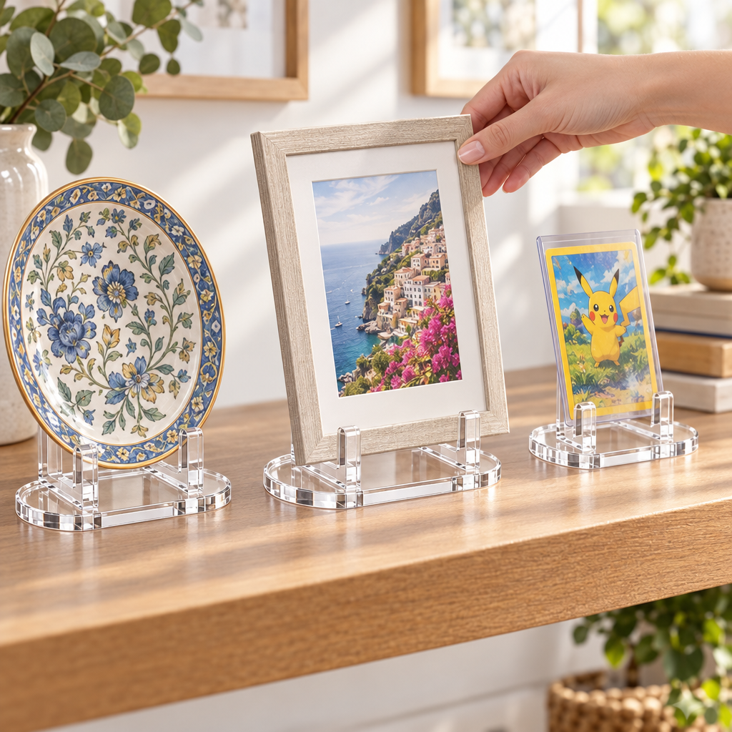 Clear acrylic easels displaying a plate and photos on a shelf
