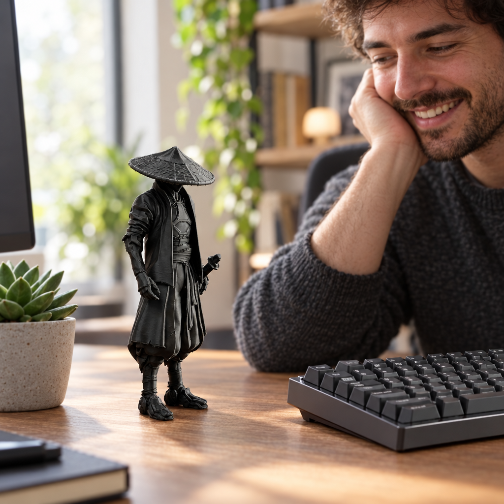 Black ninja figurine on a home office desk