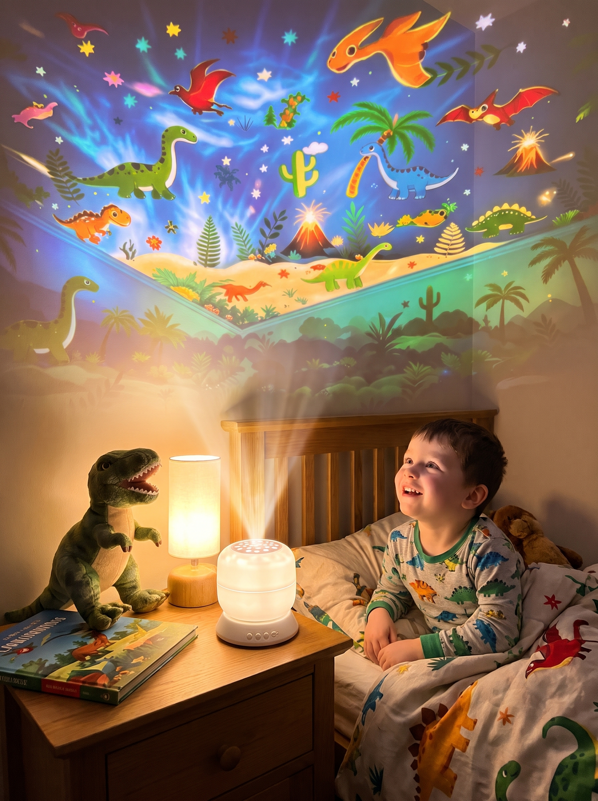 Dinosaur Projection Night Light casting a Jurassic forest scene in a bedroom at bedtime