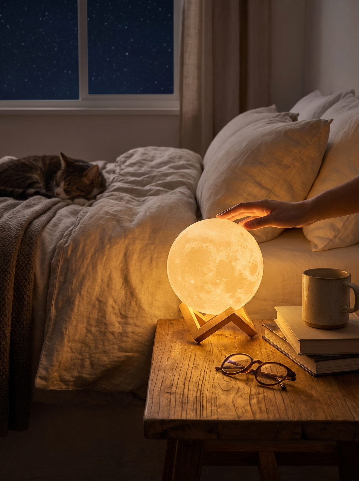Moon Lamp LED Night Light glowing on a bedside table