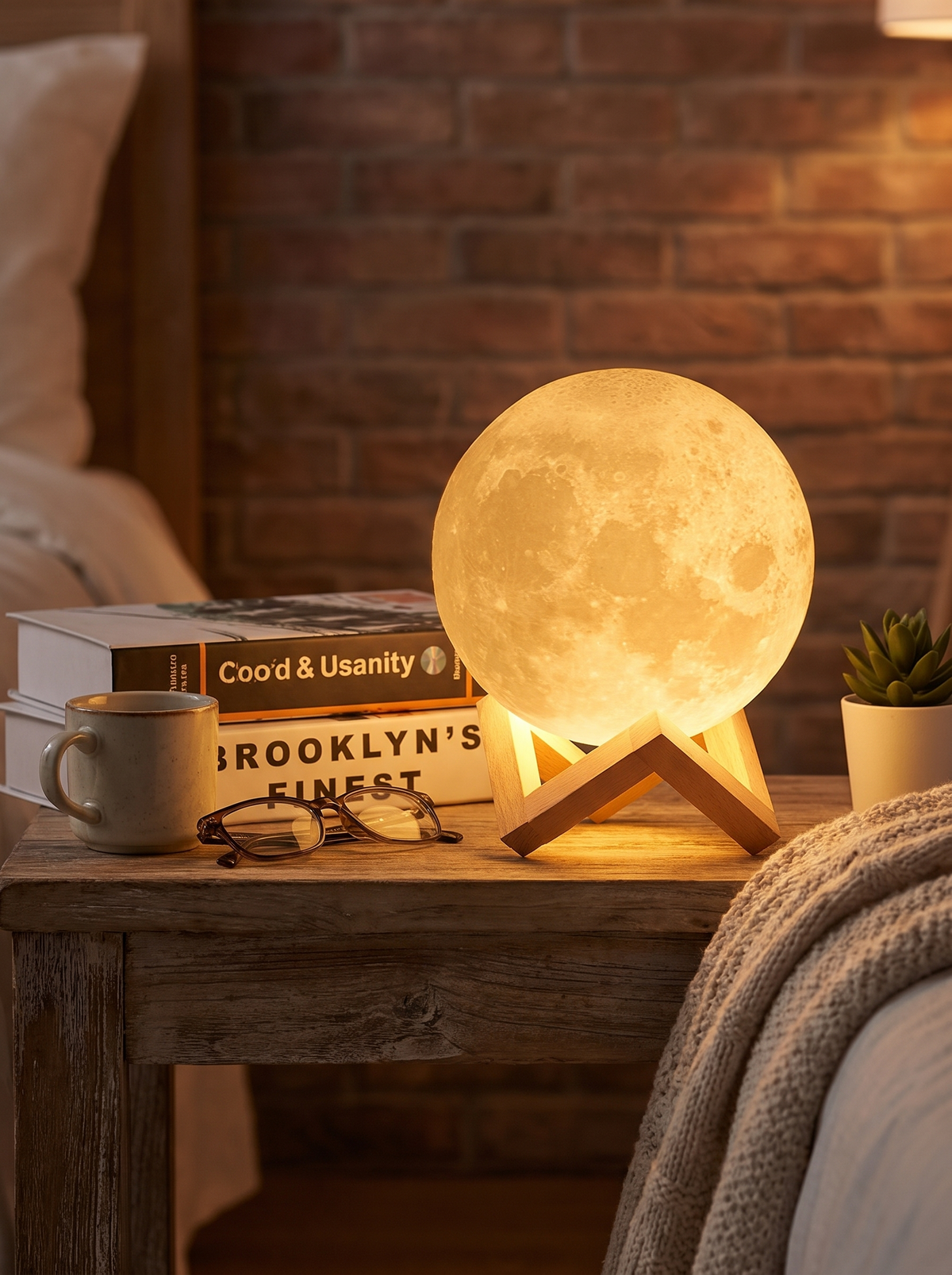 Moon Lamp on its stand as a nightstand decor piece