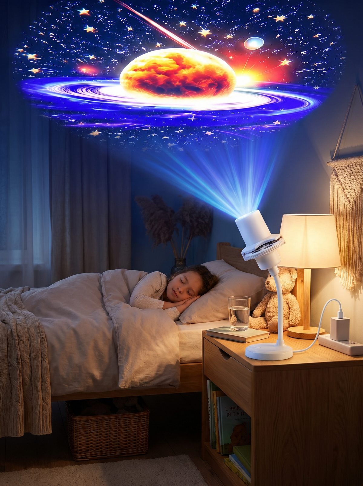 Rotating Moon and Stars Projector filling a bedroom with stars
