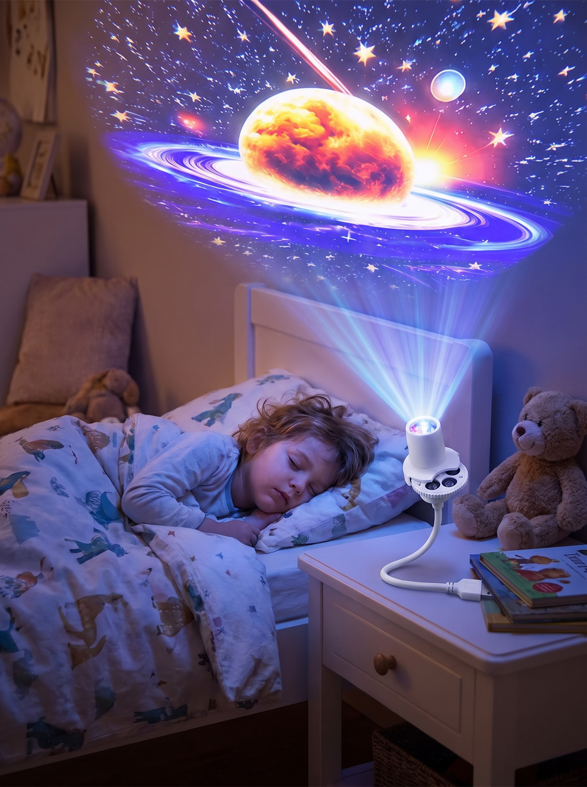 Moon and Stars Projector at a child's bedtime