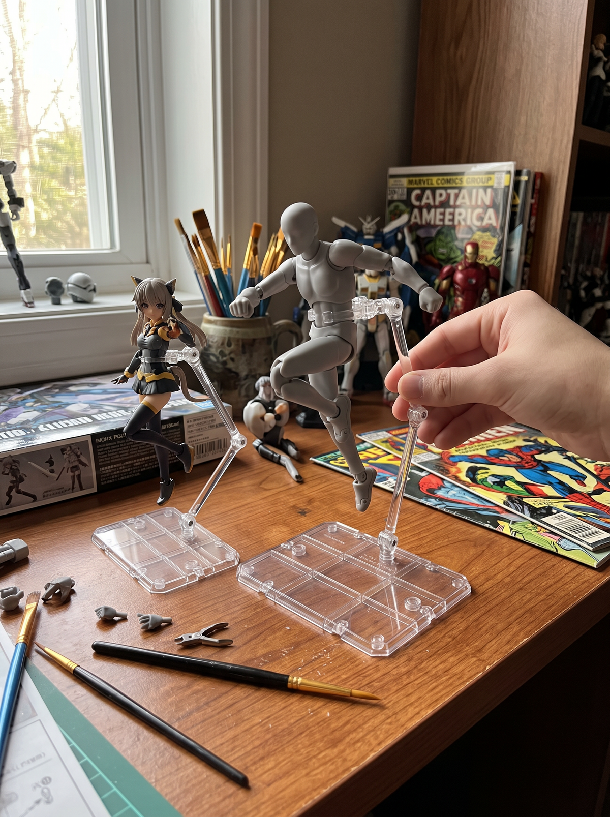 Transparent acrylic figure stand supporting a figure