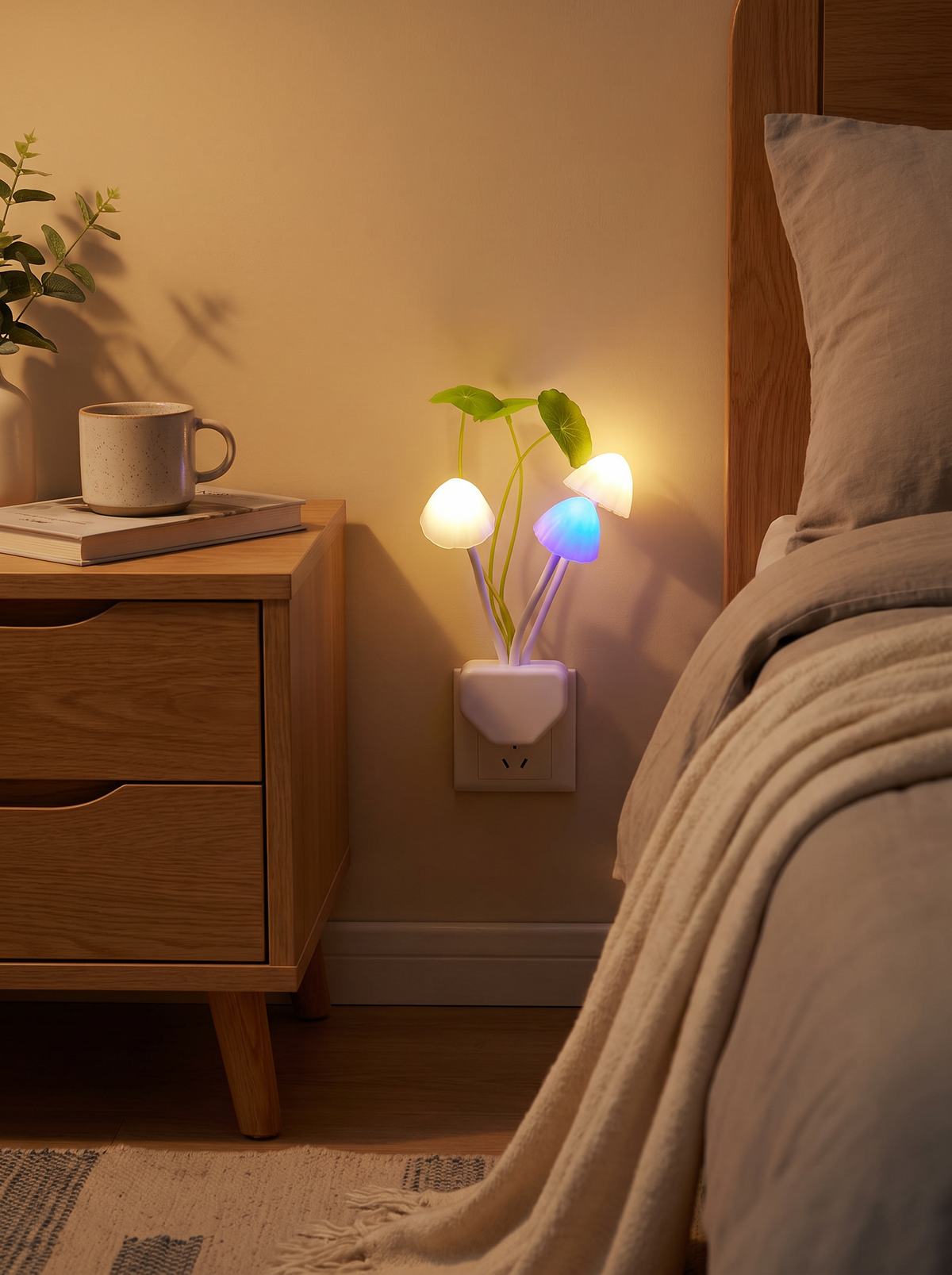 Mushroom LED Plug In Night Light in a wall outlet