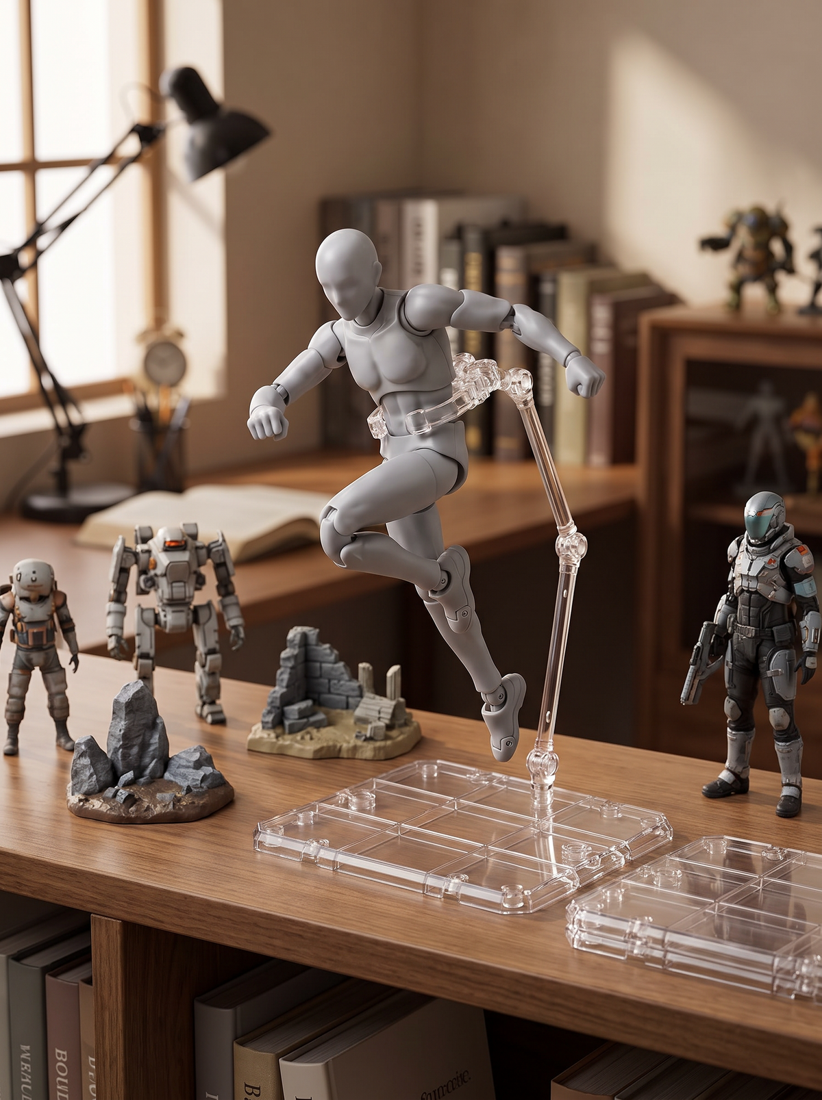 Clear acrylic stand displaying an action figure