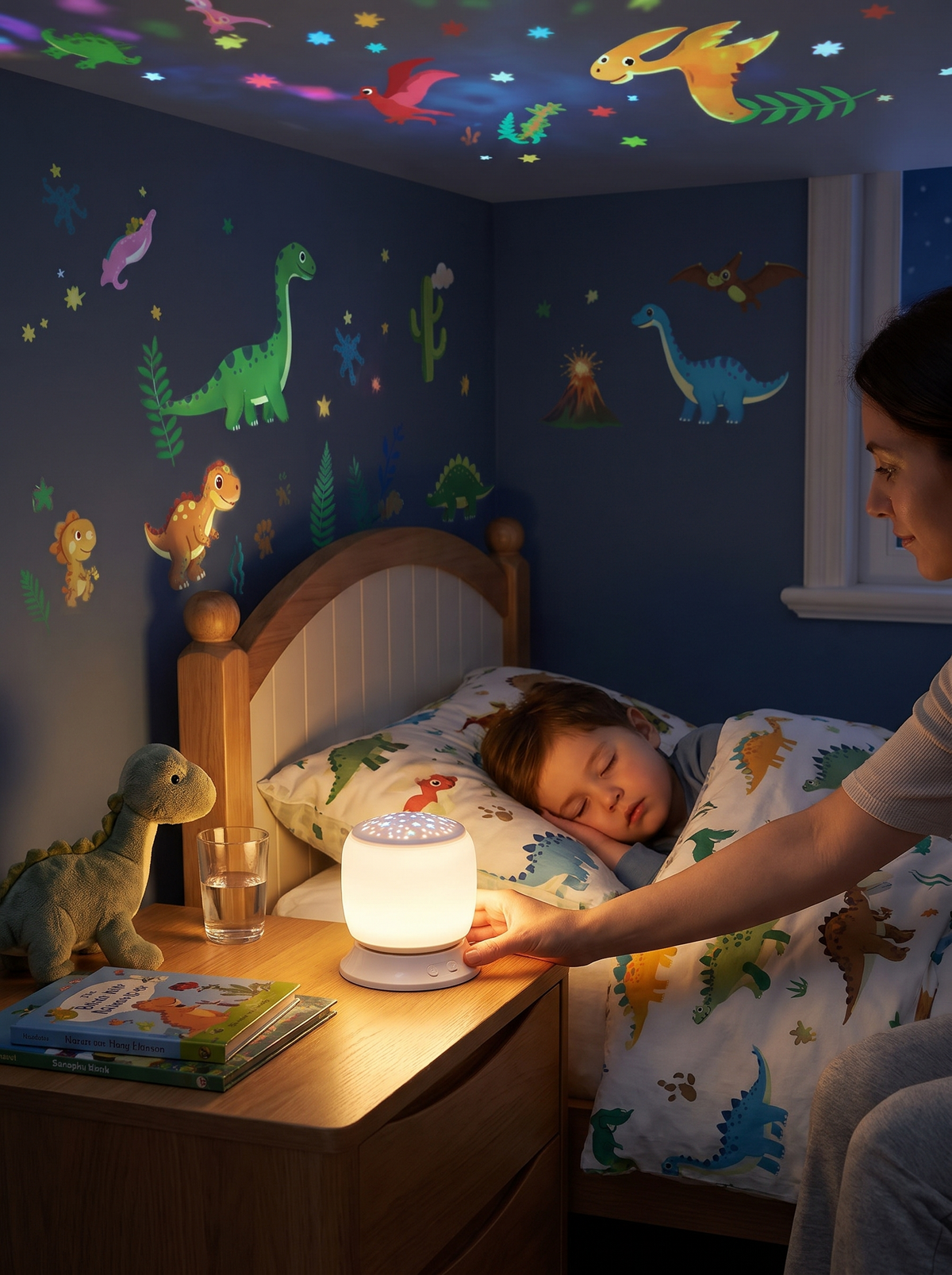 Projected dinosaurs circling a room