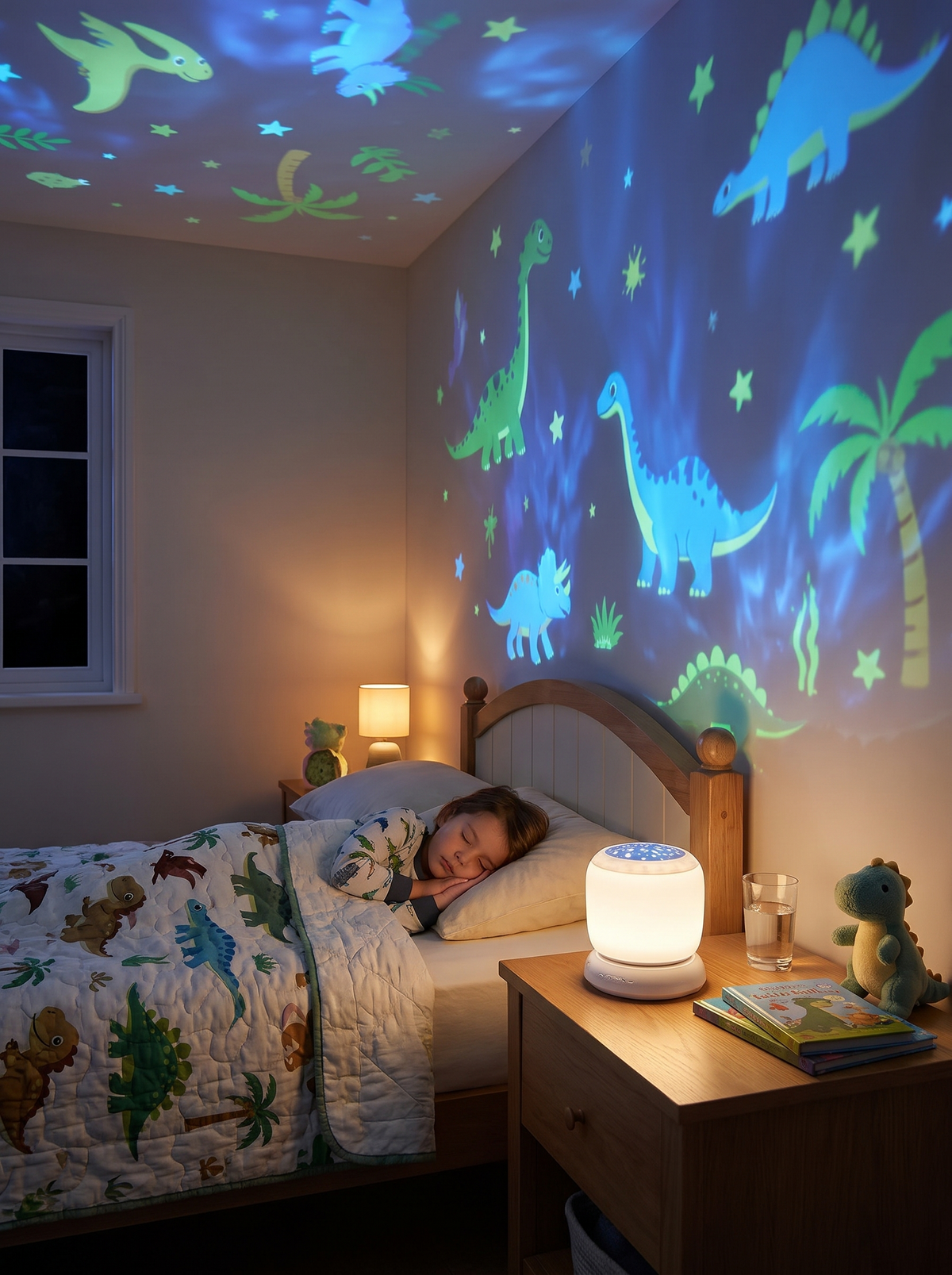 Dinosaur forest projection light in a themed kids bedroom