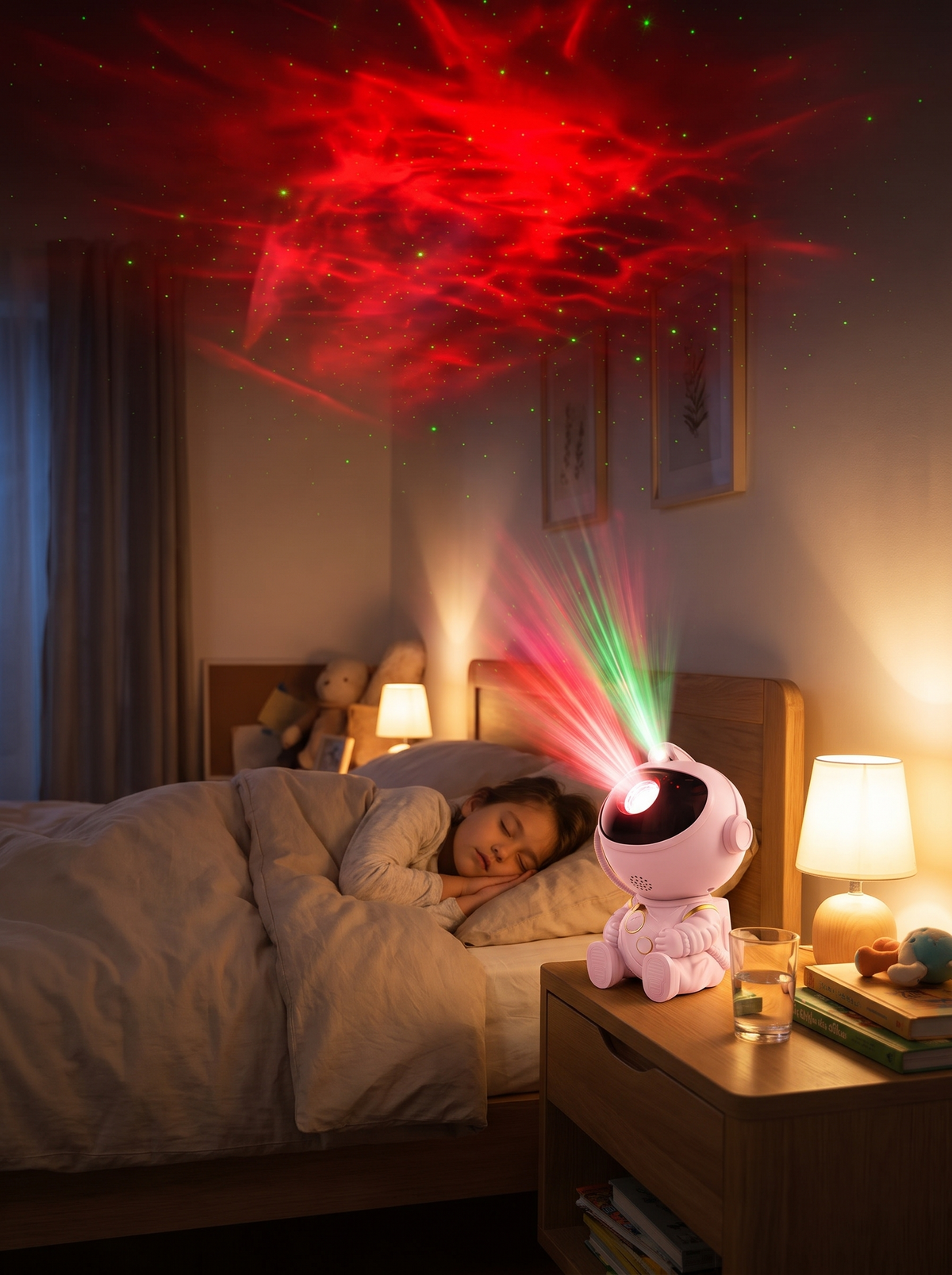 Astronaut galaxy projector lighting a bedroom ceiling