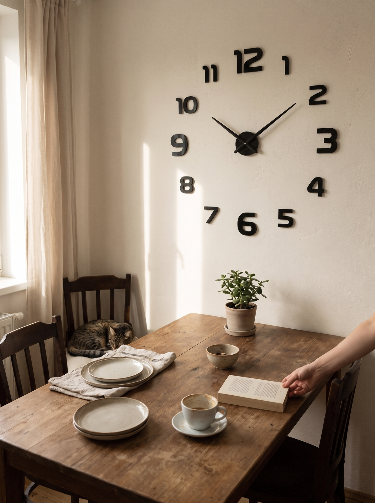 Silent wall clock in a calm bedroom