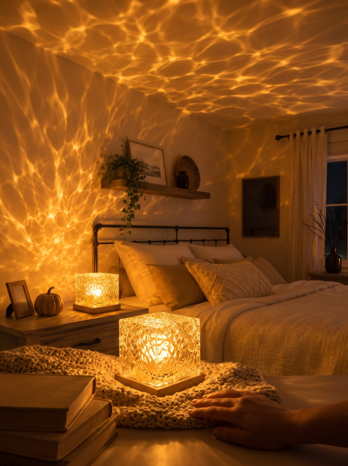 Water ripple night light casting ocean waves on a ceiling