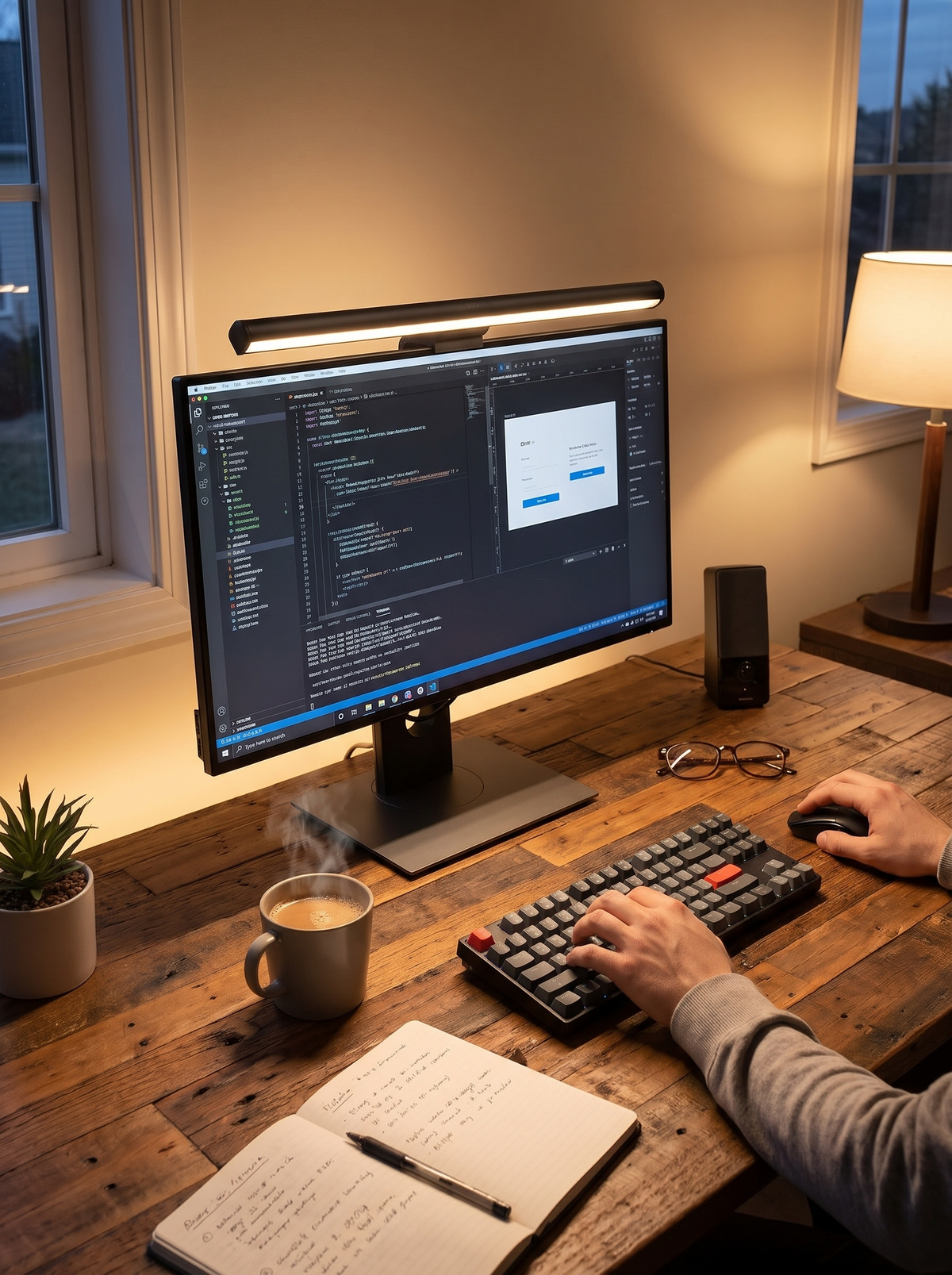 Gaming keyboard lit by a monitor light bar