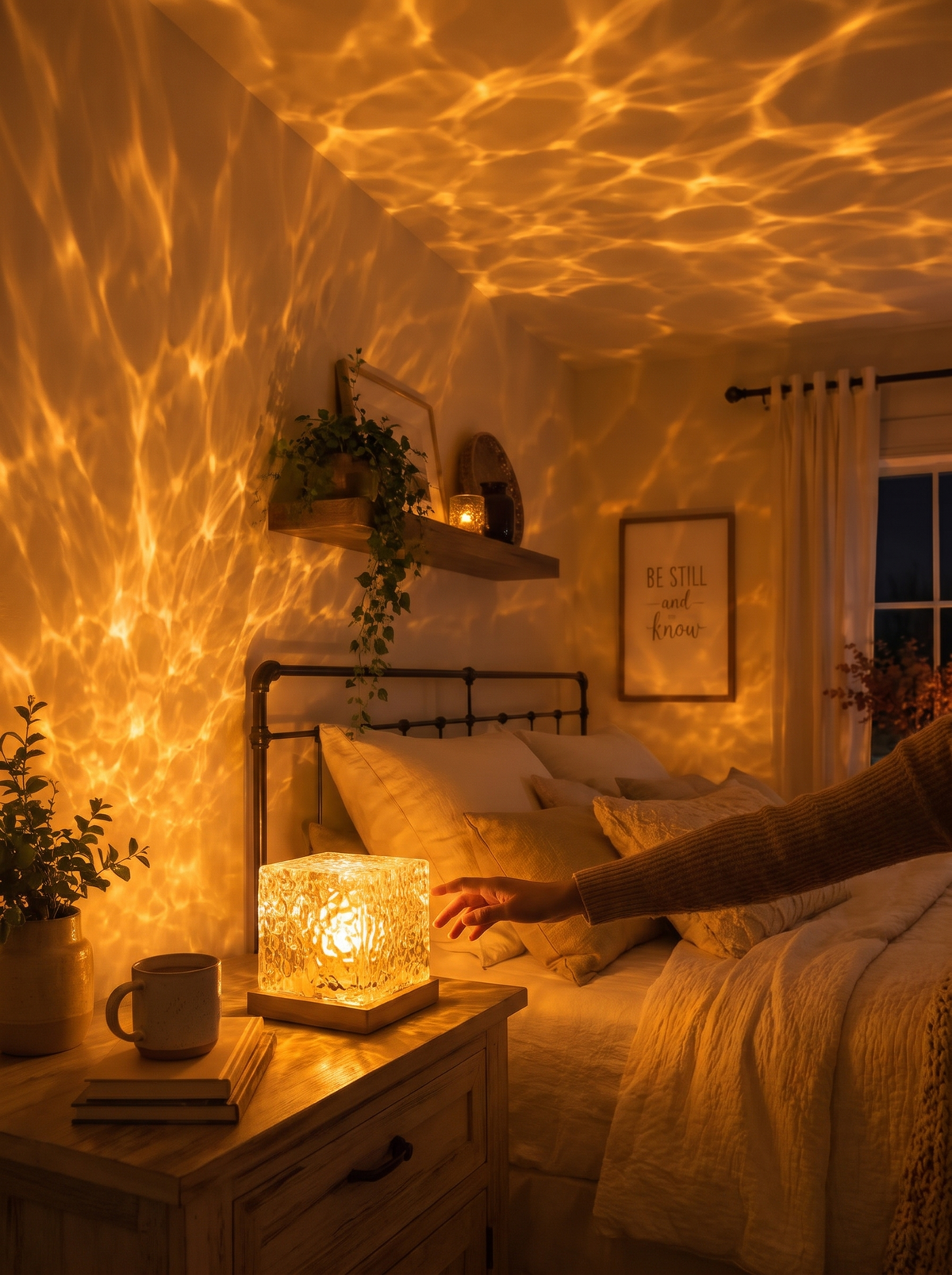Calm water ripple light in a bedroom at night