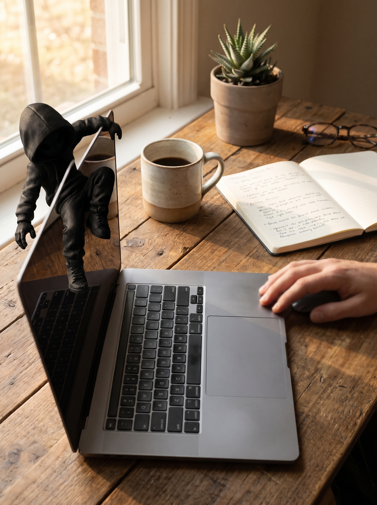 Hooded climber figurine on a monitor edge