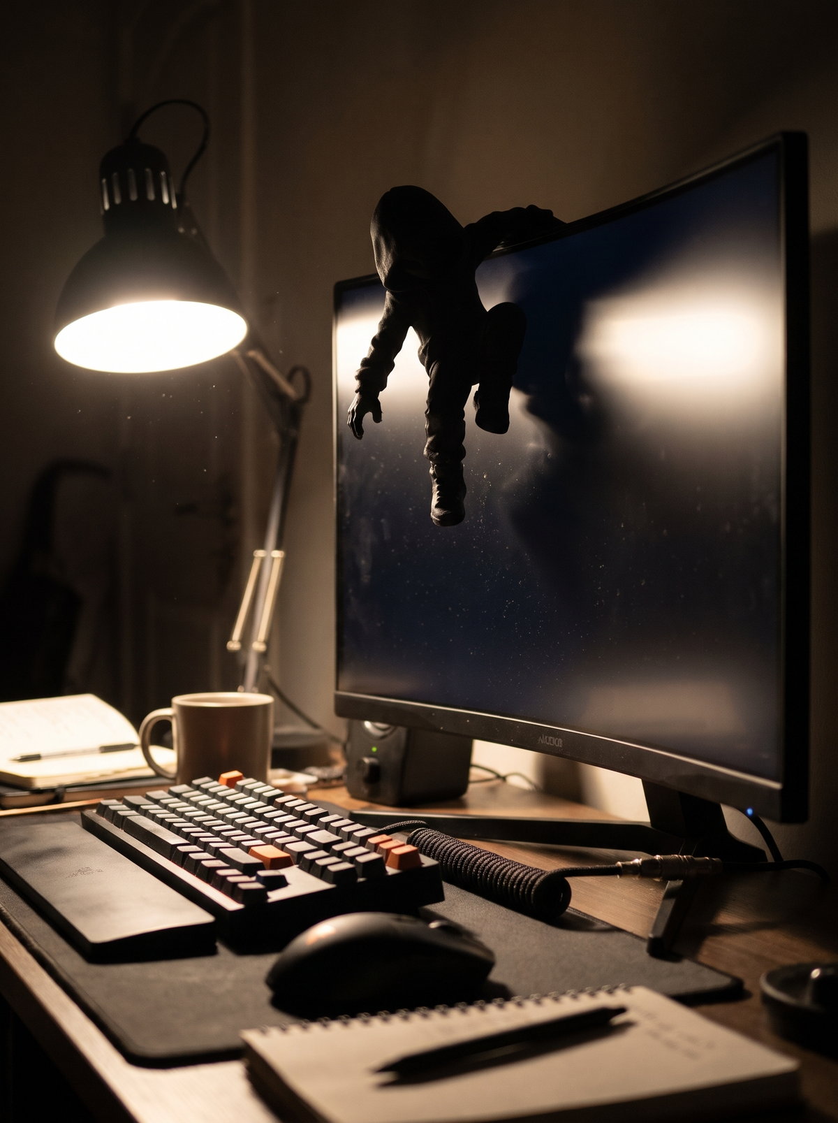 Black hooded climber figurine on a desk setup