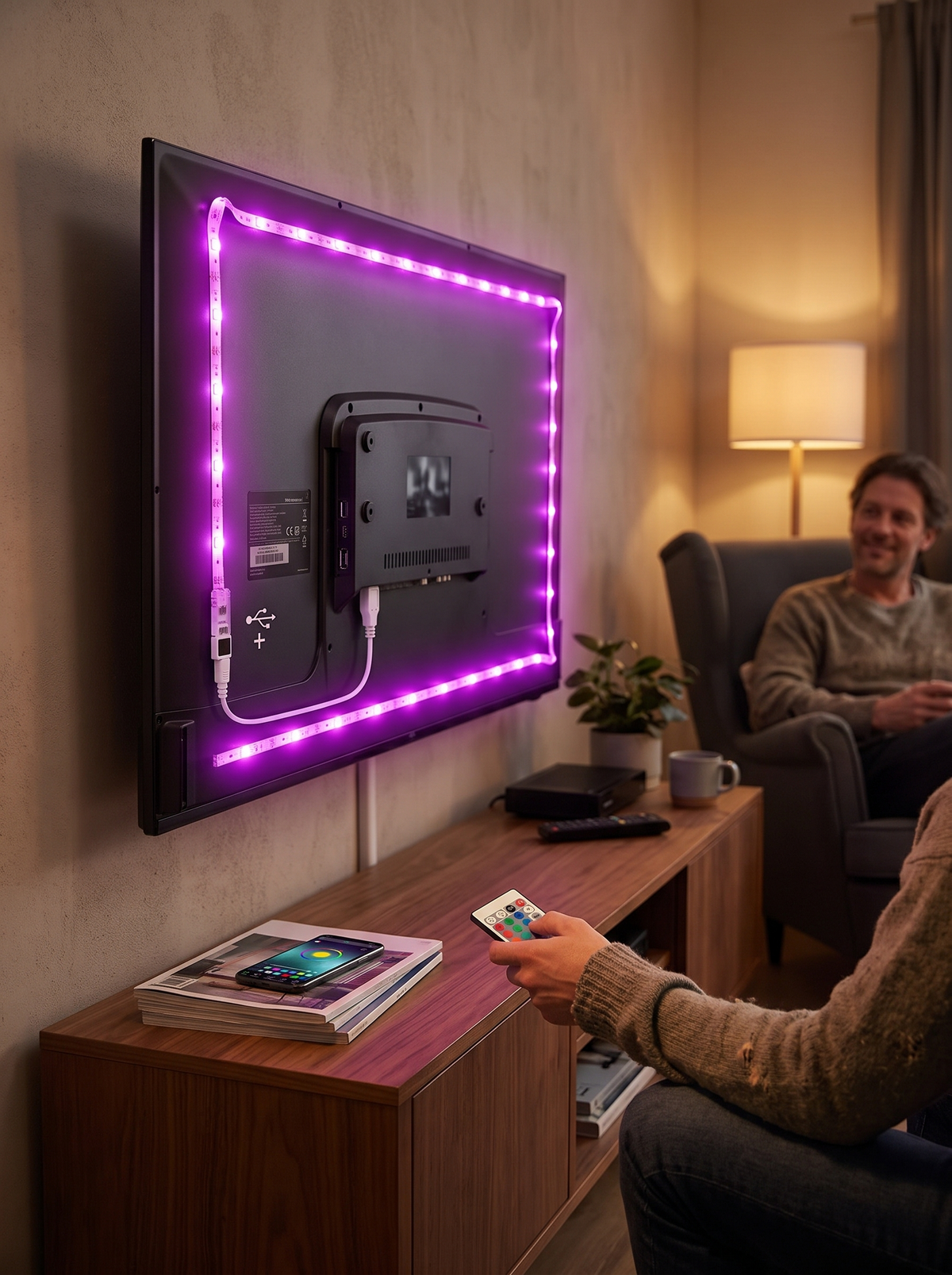 USB RGB LED strip on a bedroom wall