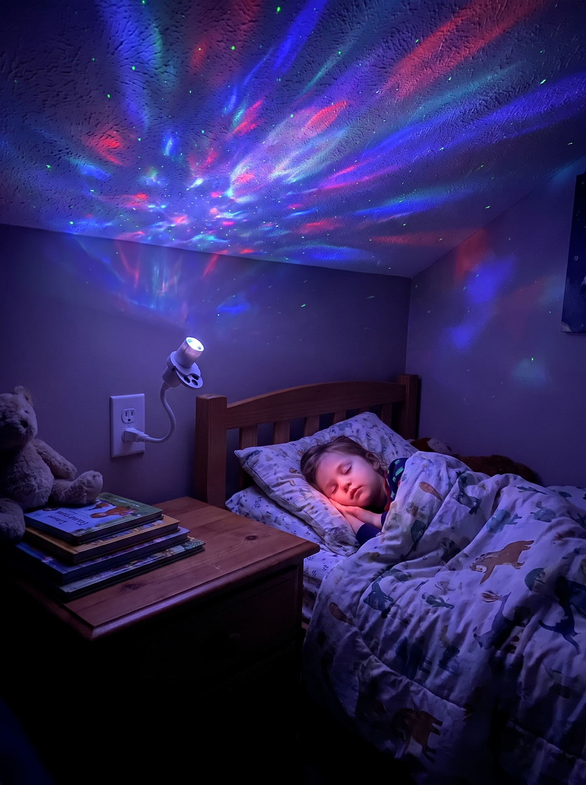 Rotating star projection filling a bedroom