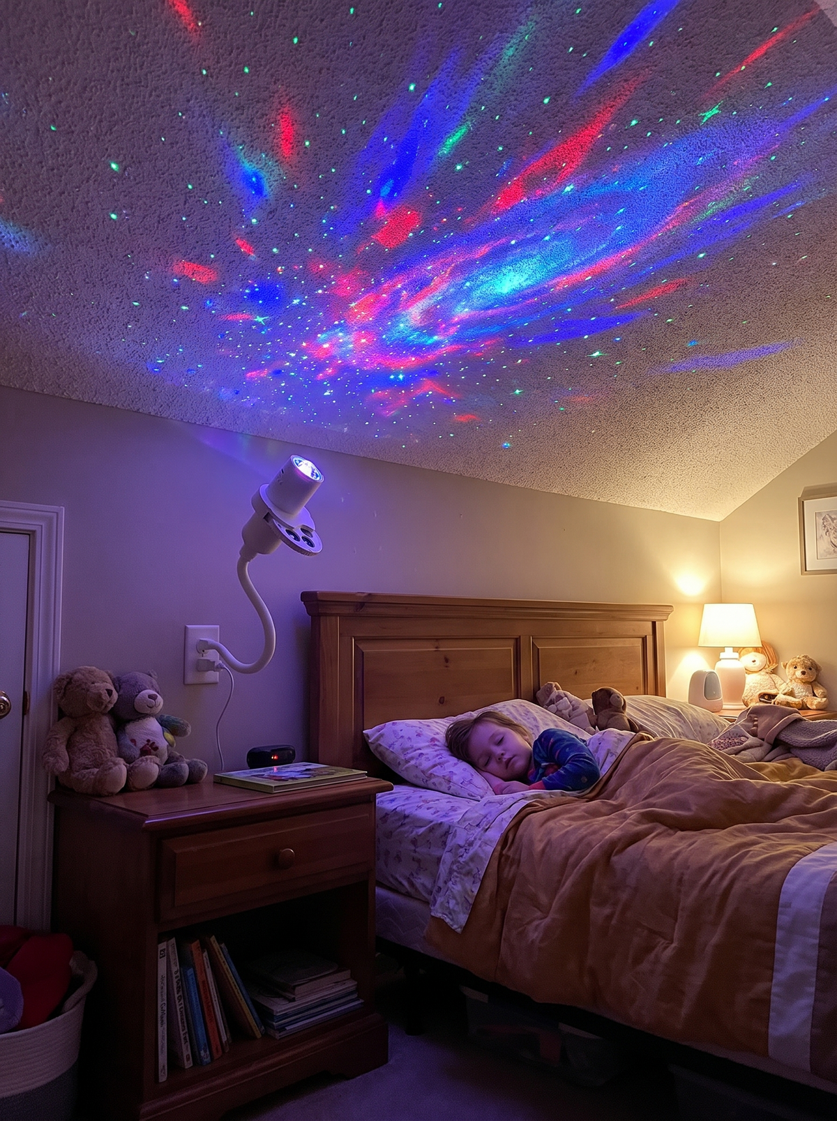 Flexible neck star projector aimed at a ceiling