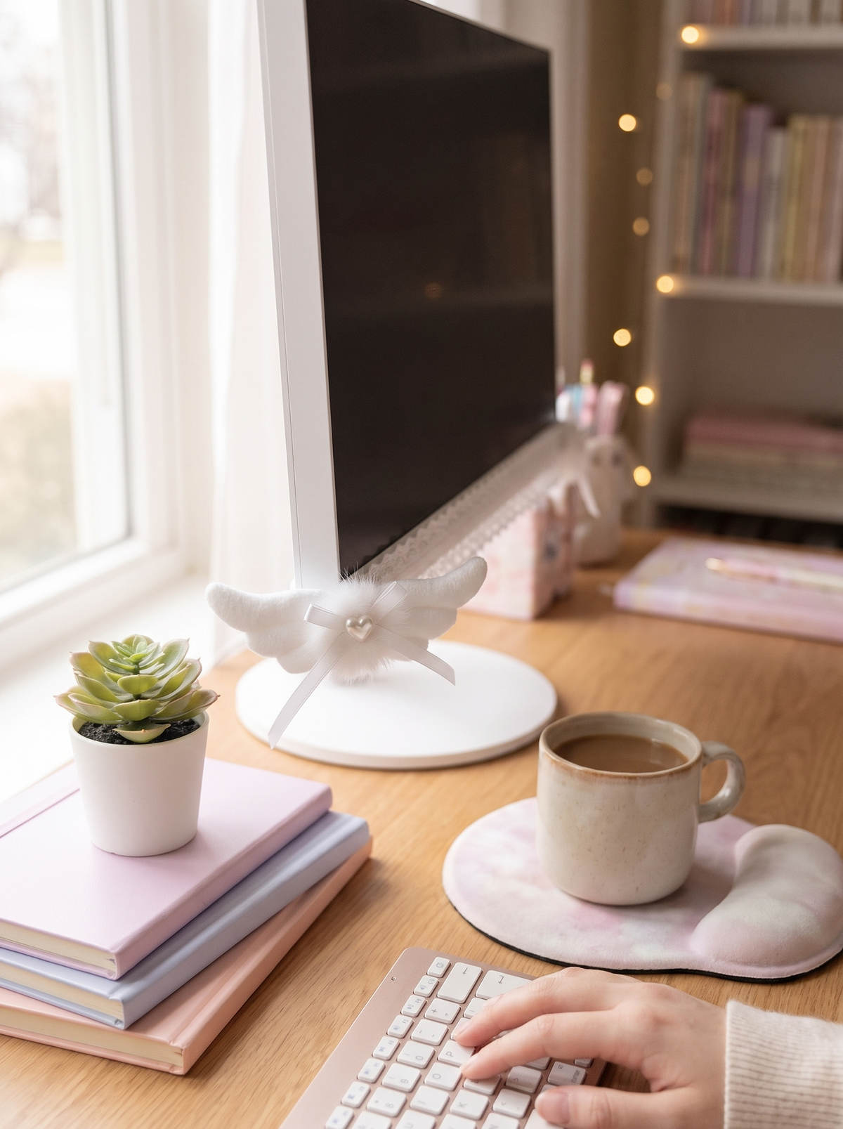 Cute desk setup with angel wing monitor decor