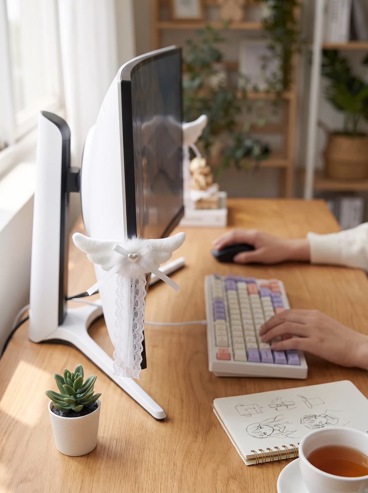 Soft lace and fluffy plush wings on a monitor