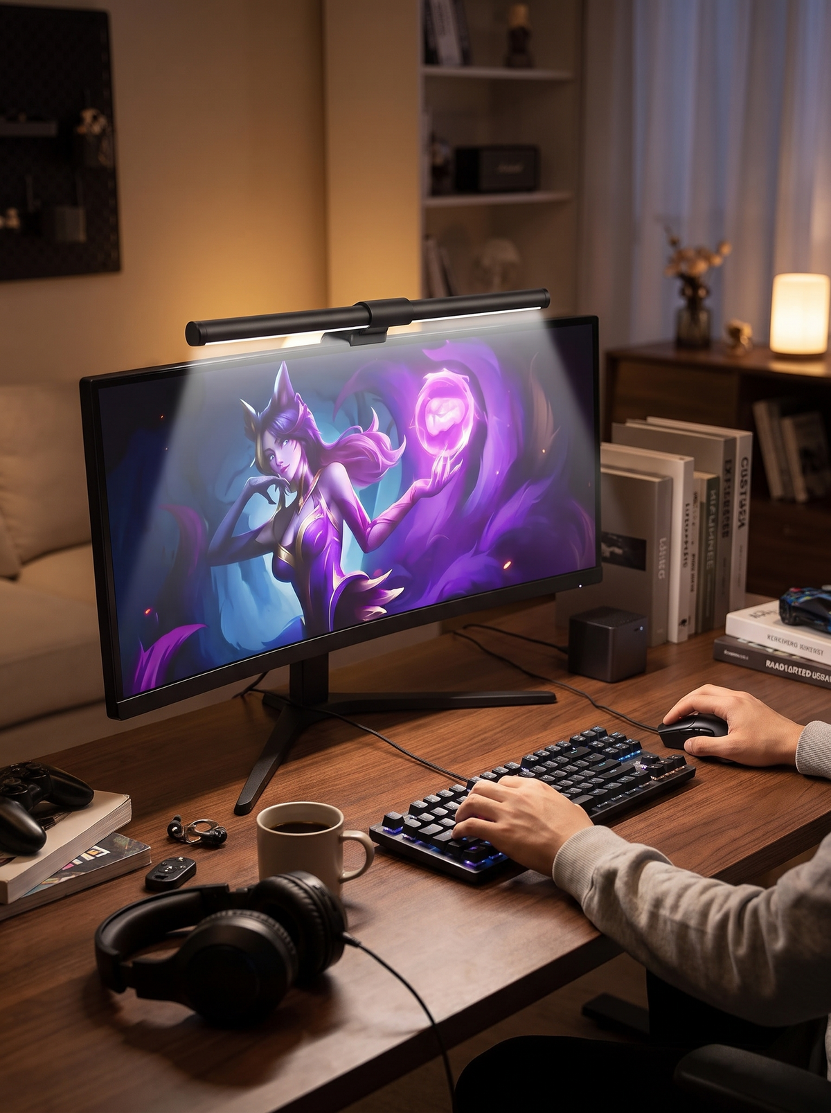 Clutter free desk with a 44cm monitor light bar