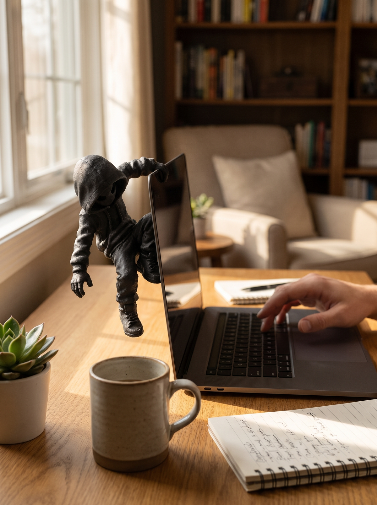 Hooded climbing figure adding intrigue to a workspace