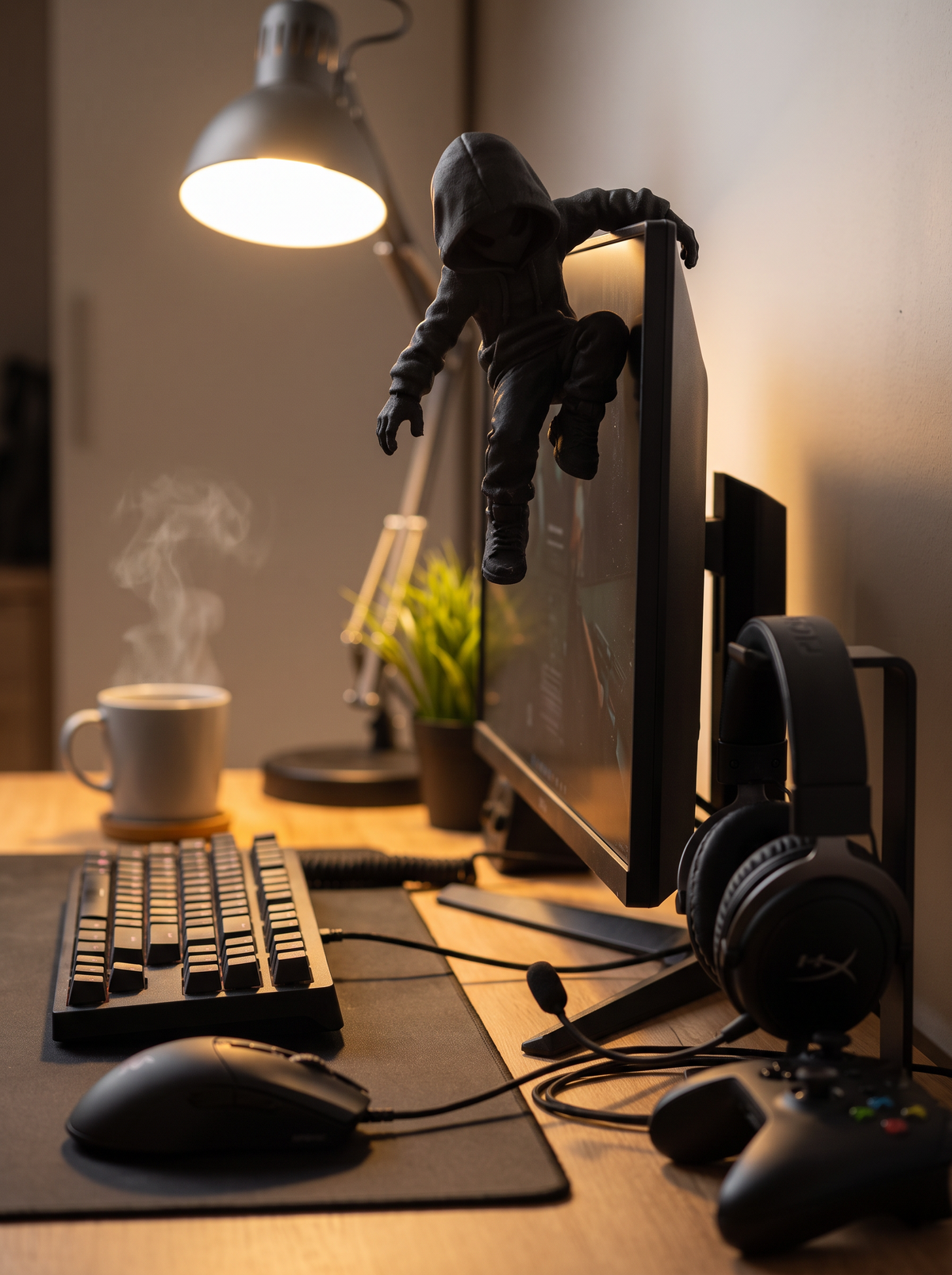 Climbing figure screen decor on a gaming setup