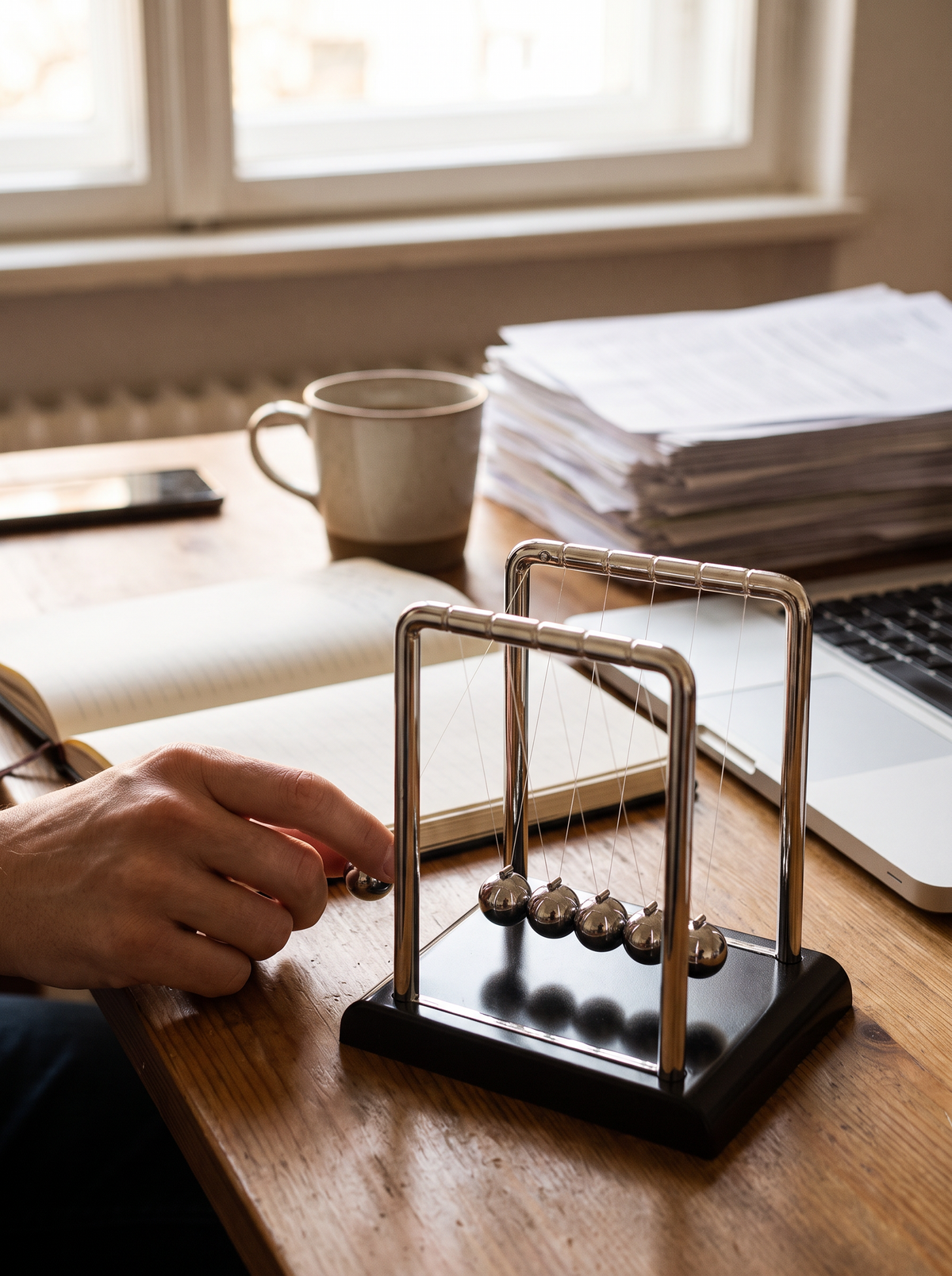 Newton's cradle swinging on a desk
