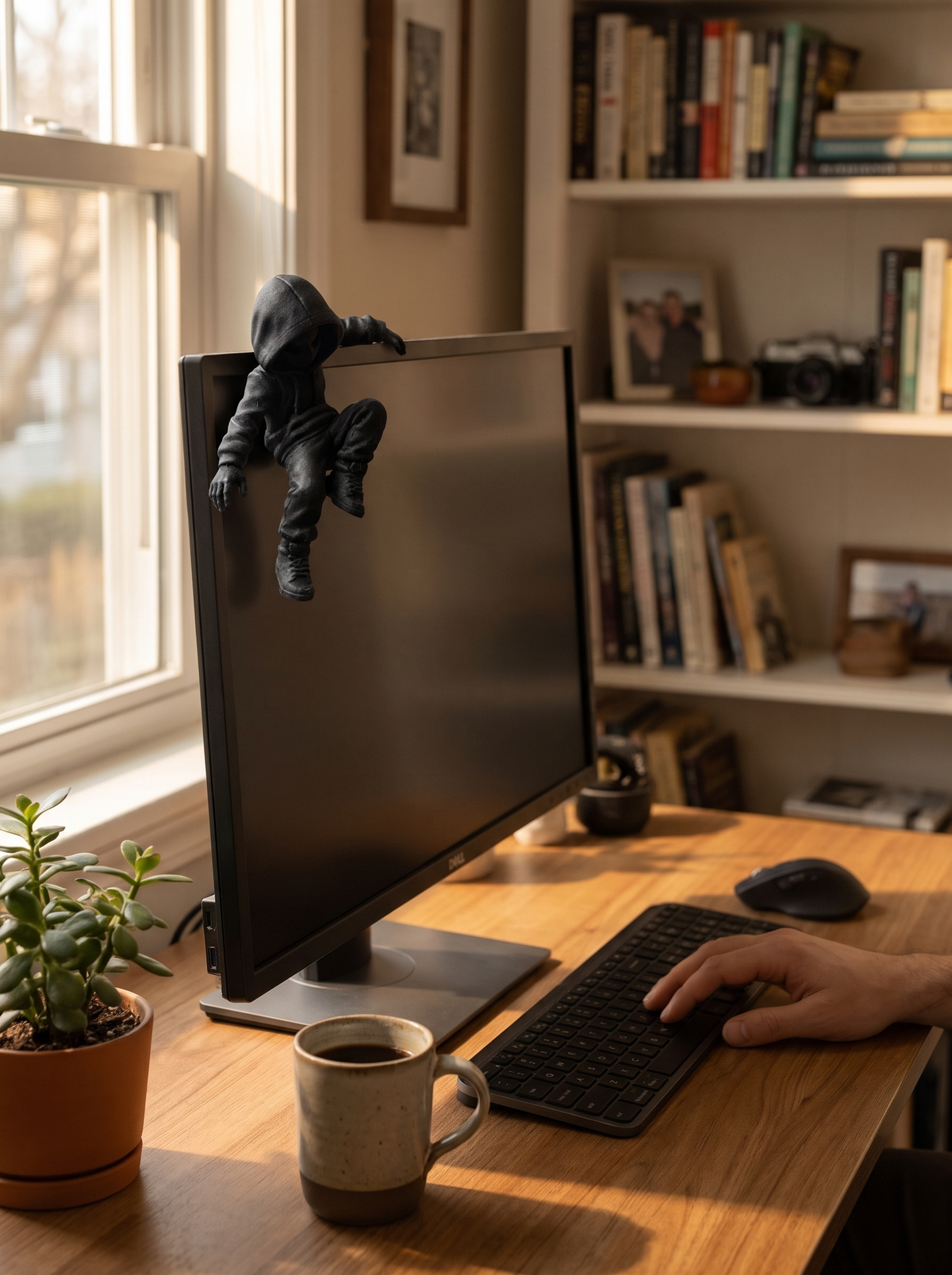 Hooded climbing figure hanging on a monitor edge