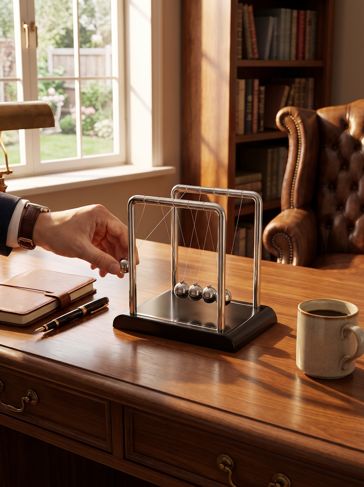 Classic Newton's cradle on an office desk