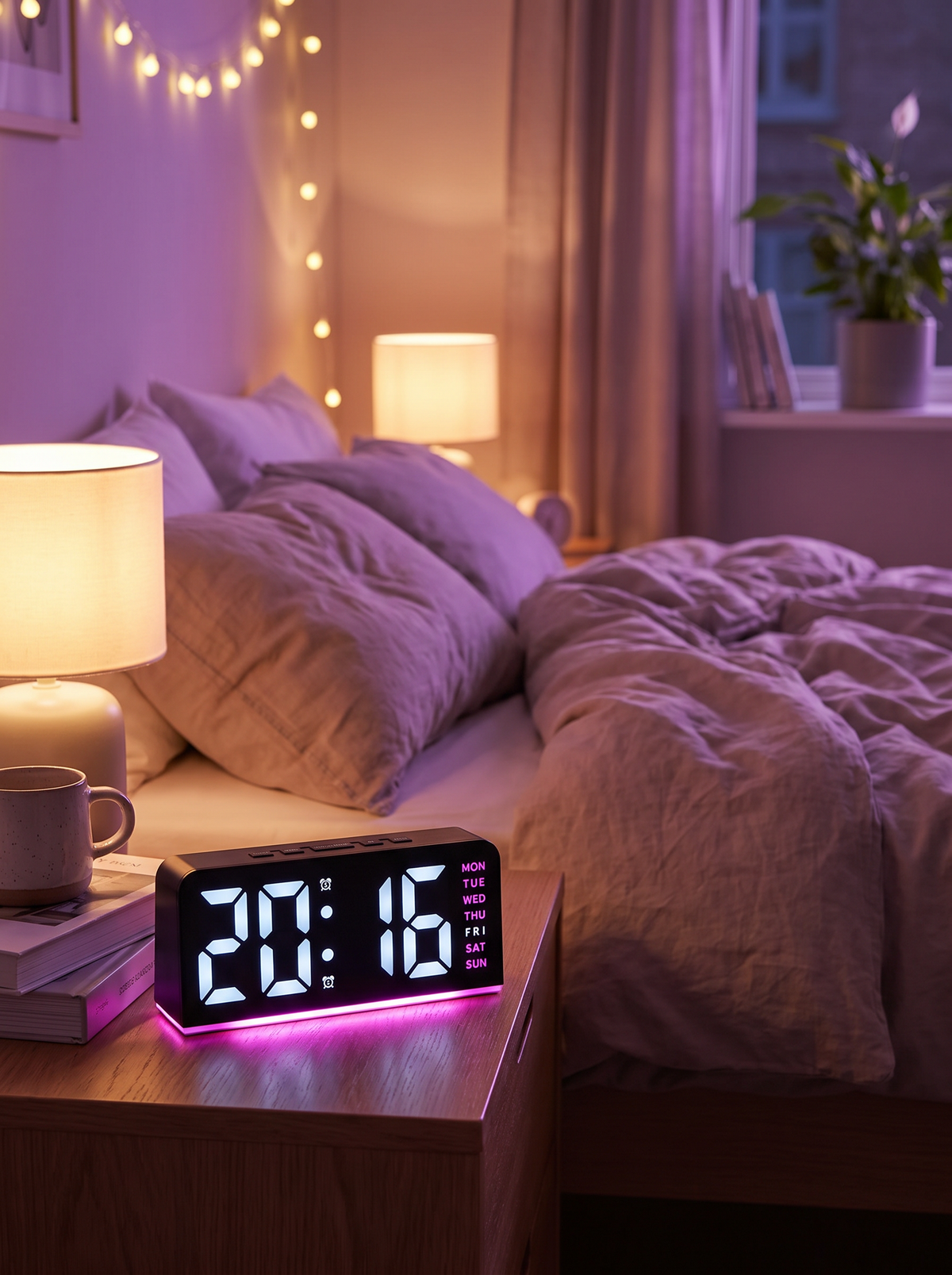 Crown alarm clock mood light glowing at night