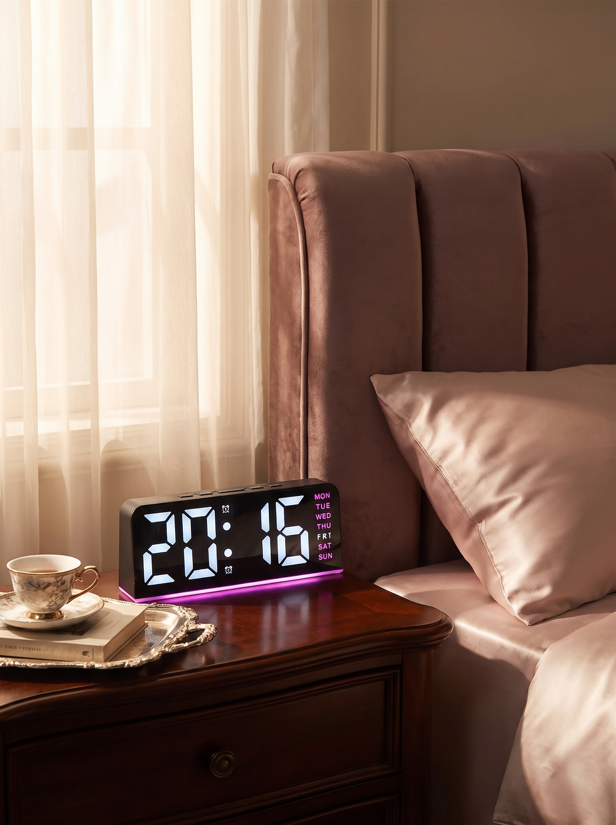 Crown LED alarm clock on a bedside table at sunrise