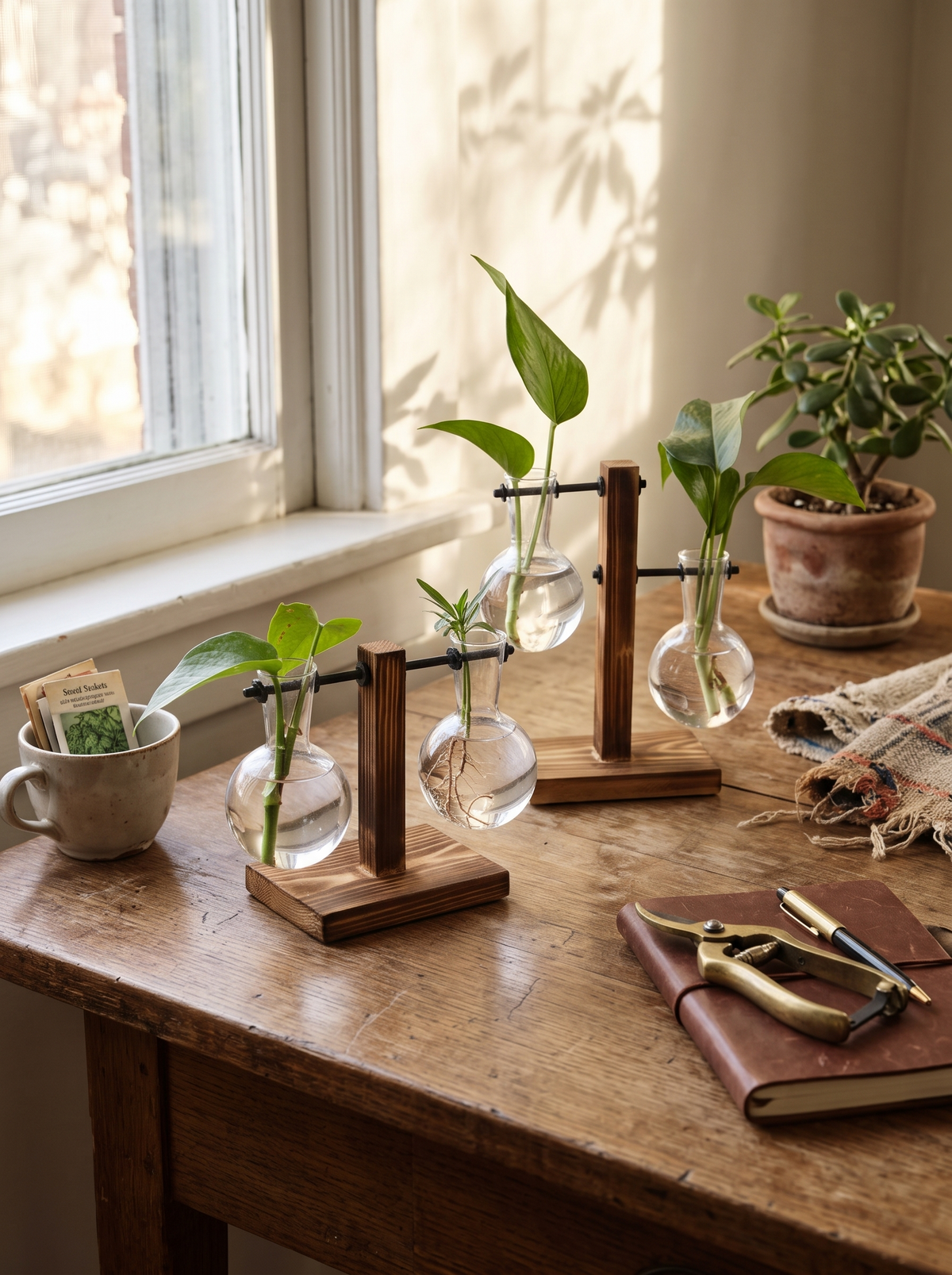 Glass bulb planter on a wooden stand