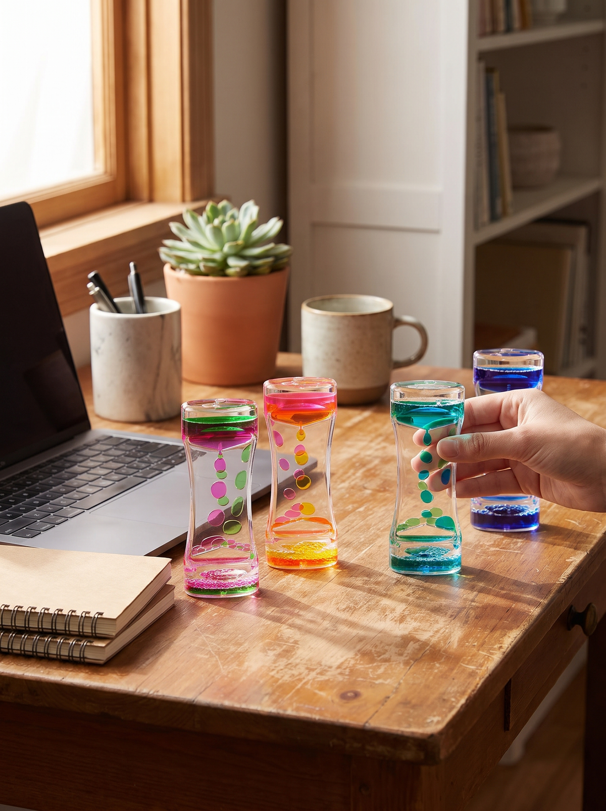 Liquid motion bubbler timer on a desk