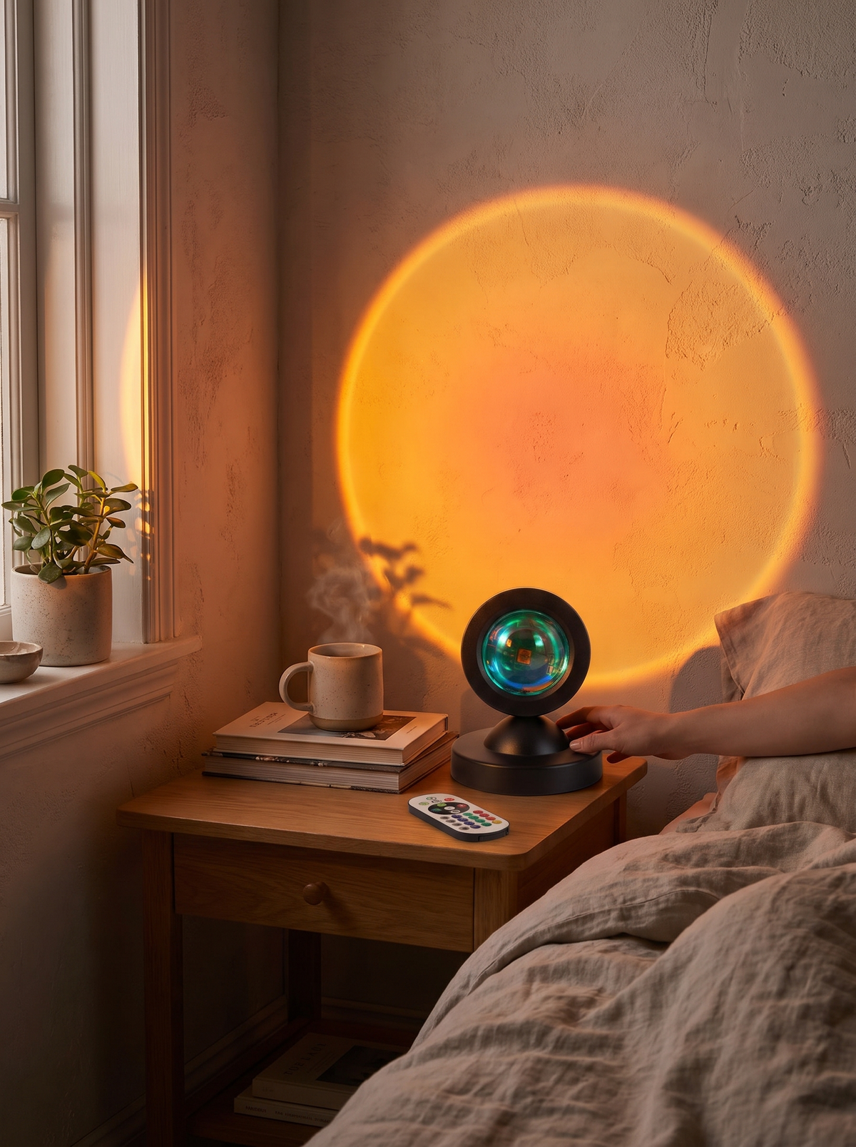 Sunset projection lamp with remote glowing in a living room