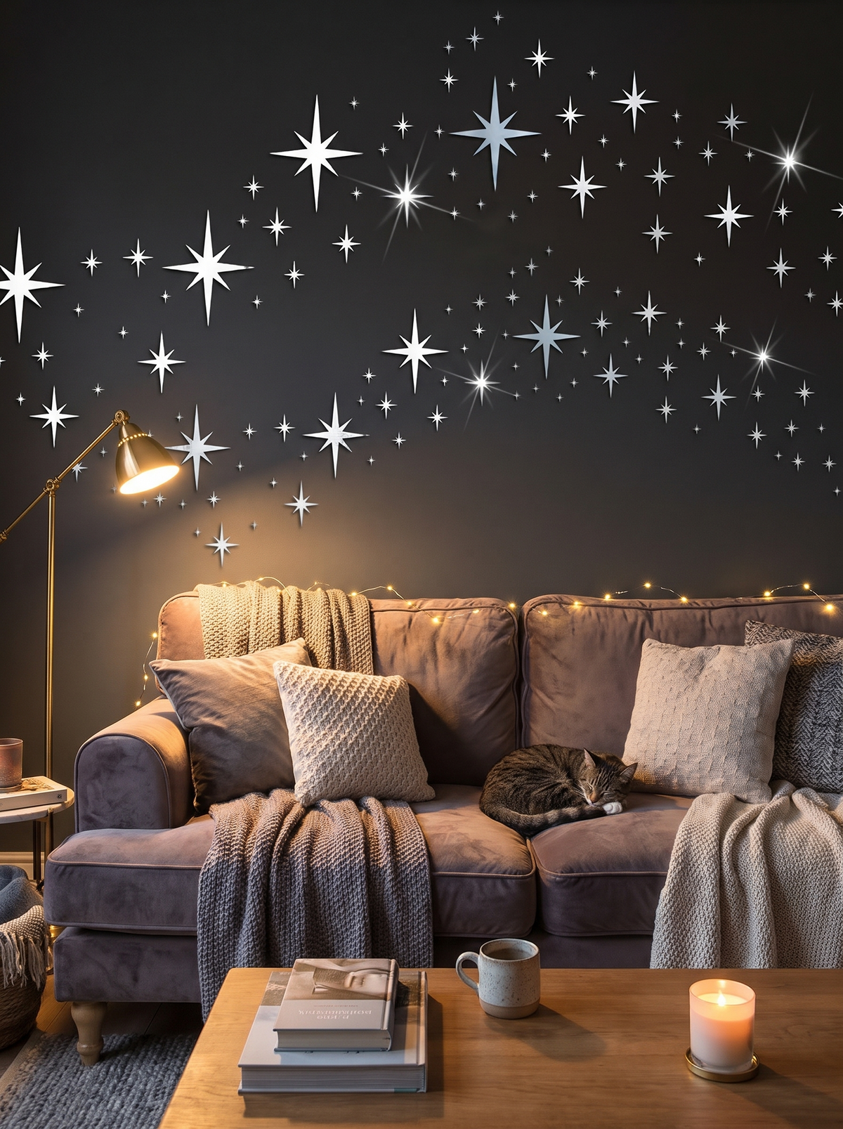 Acrylic star mirror stickers sparkling on a wall