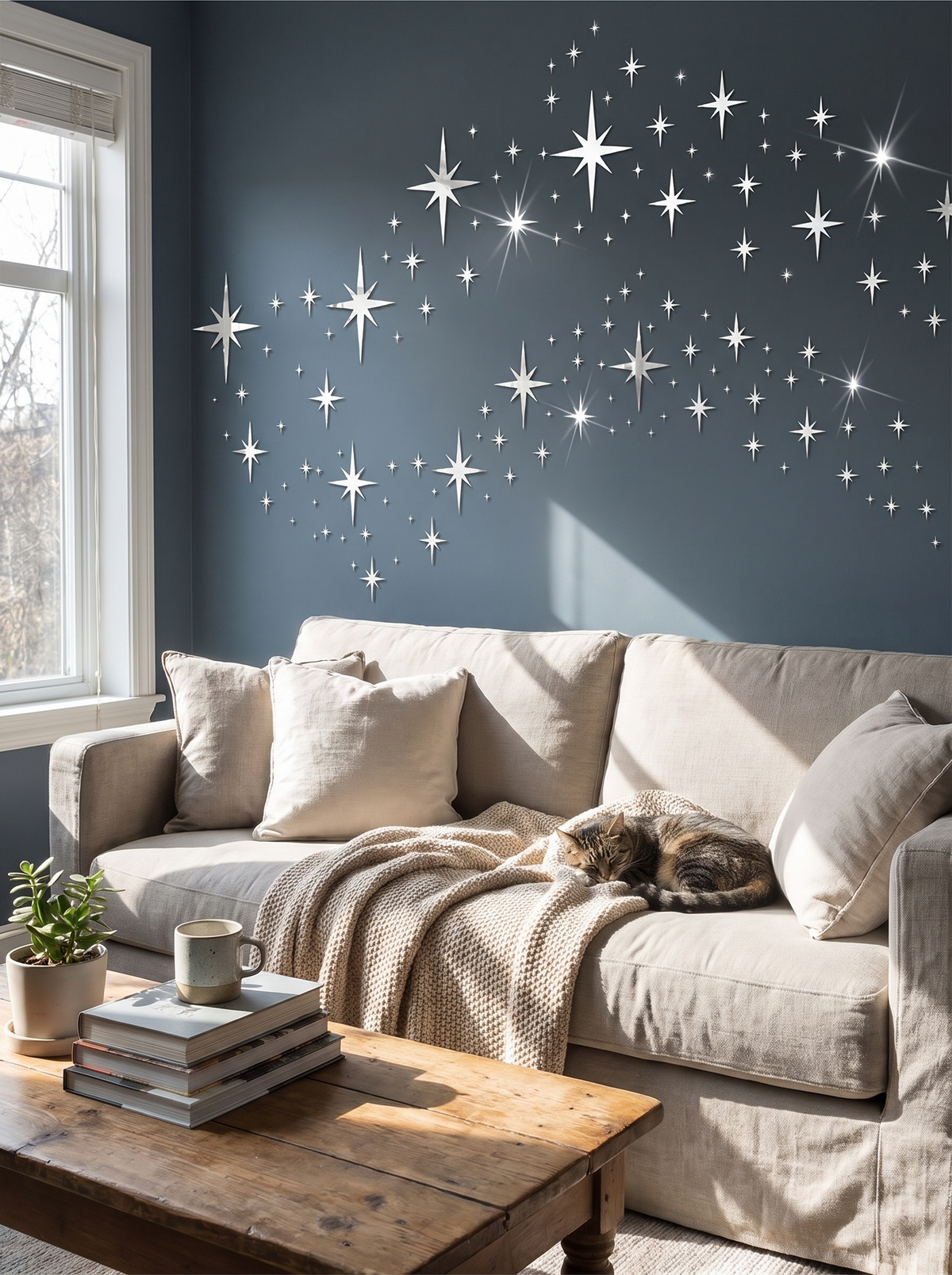 Mirror stars reflecting light around a room
