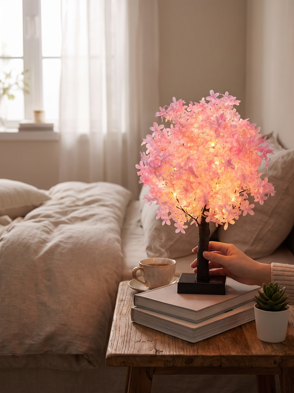 Cherry blossom tree LED lamp glowing in spring decor